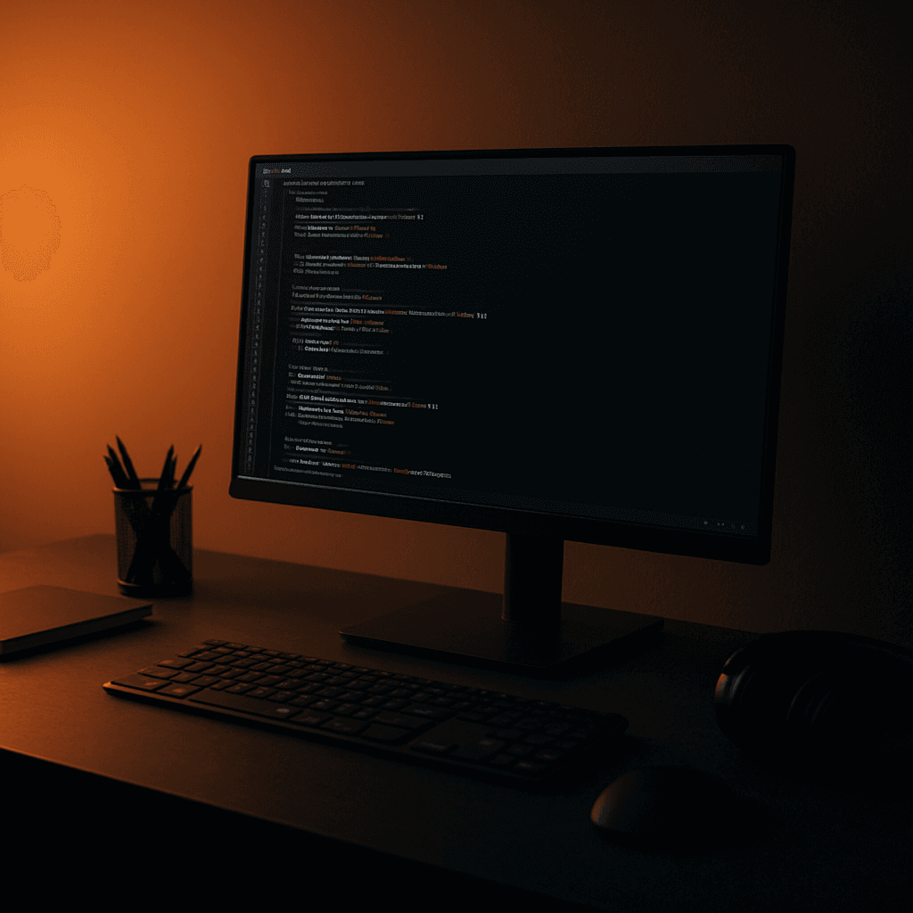 Un espacio de trabajo de ingeniería moderno con un monitor oscuro y luz ambiental cálida.