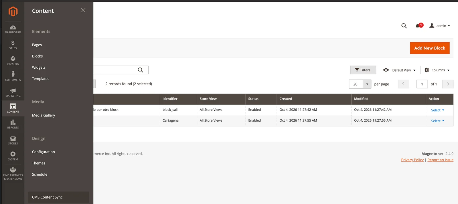 Menú Content de Magento 2 con la opción CMS Content Sync para importar contenido CMS