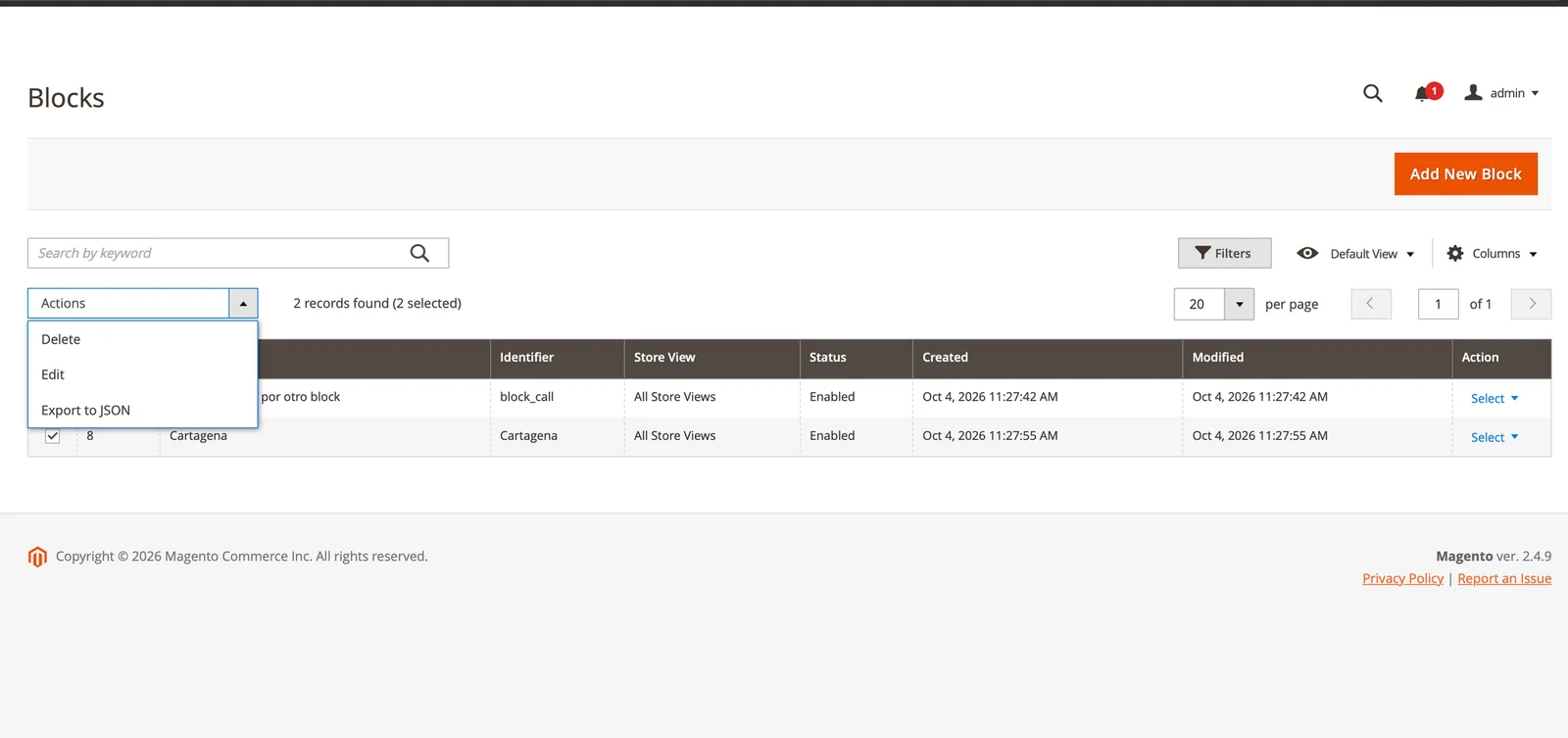Exportar bloques CMS en Magento 2 con la acción Export to JSON del grid de Content → Blocks