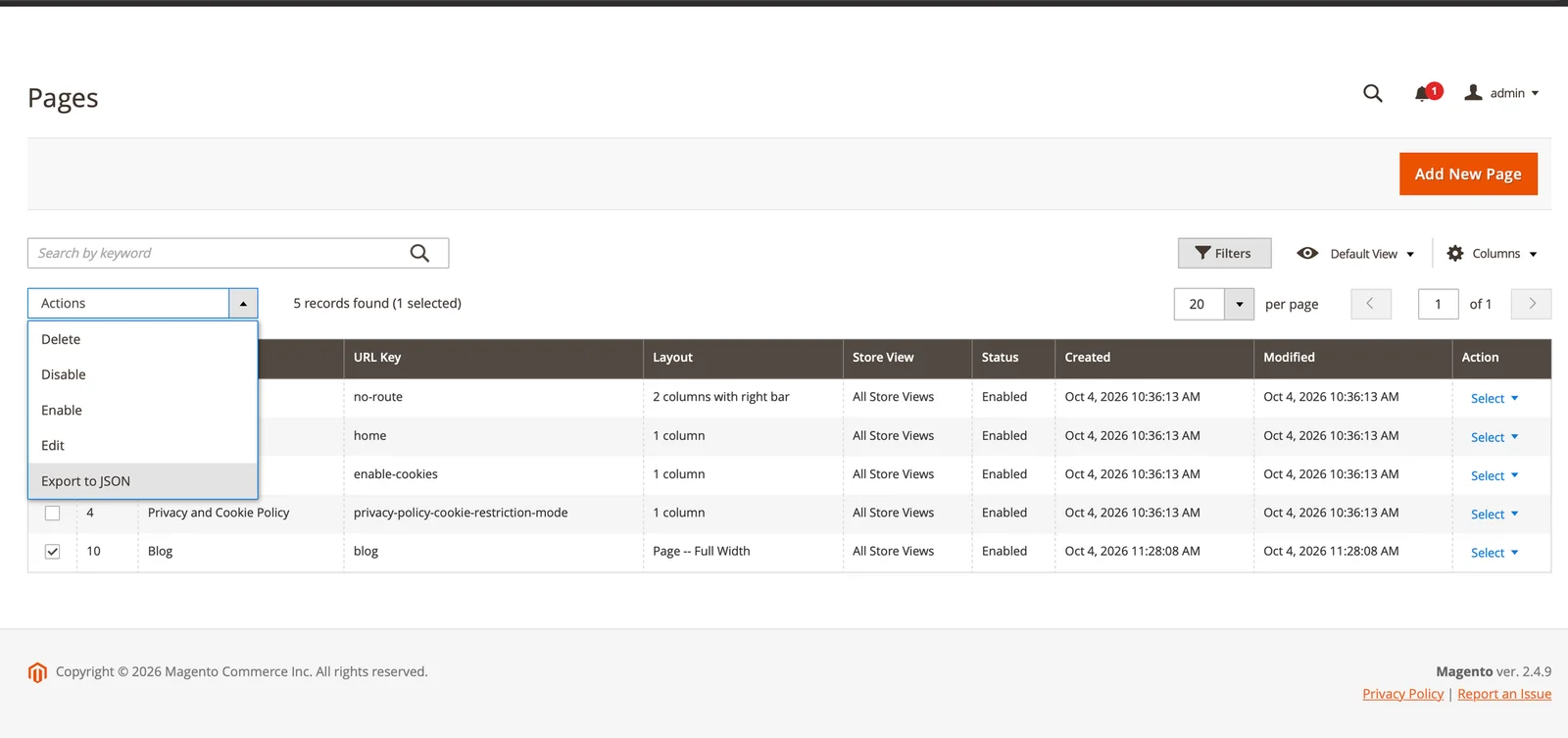 Exportar páginas CMS en Magento 2 con la acción Export to JSON del grid de Content → Pages