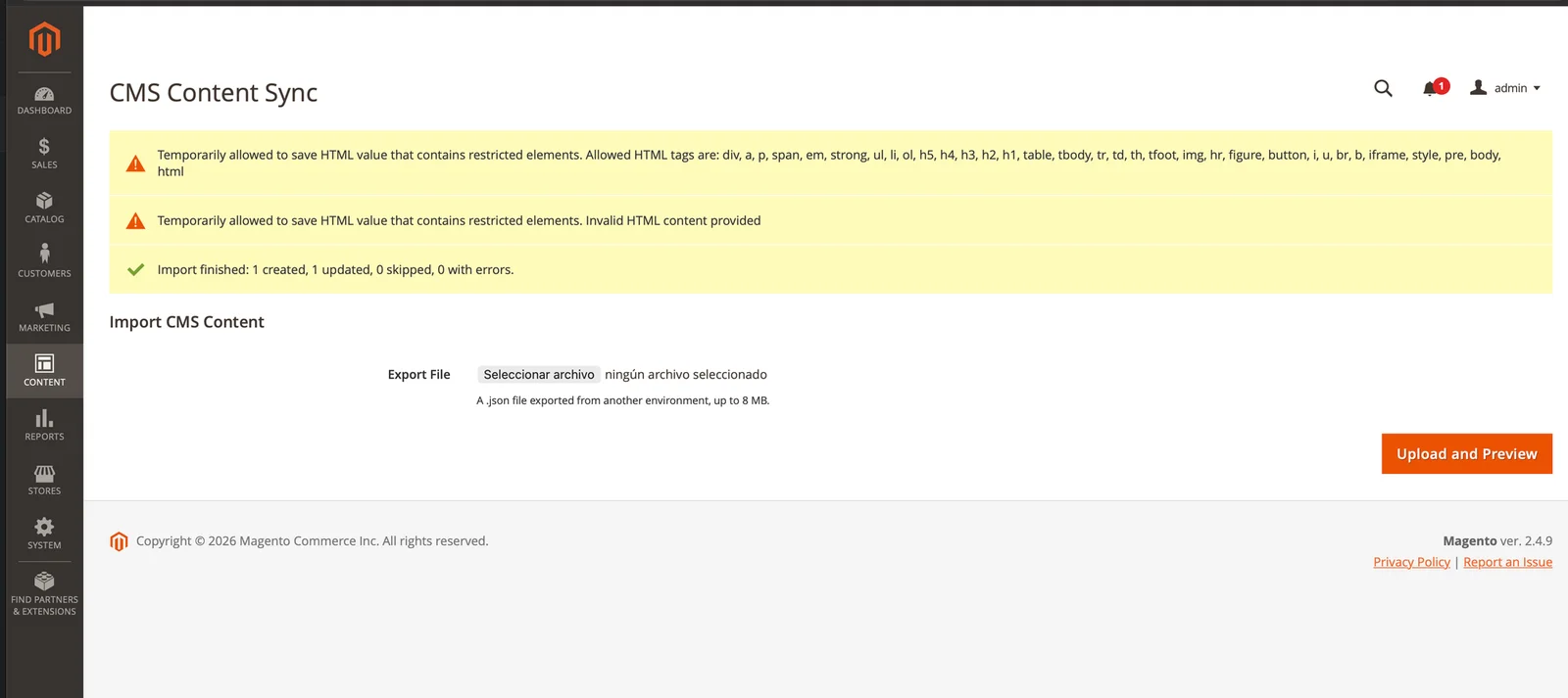 Resultado de importar bloques CMS en Magento 2: 1 creado, 1 actualizado, 0 omitidos, 0 con errores