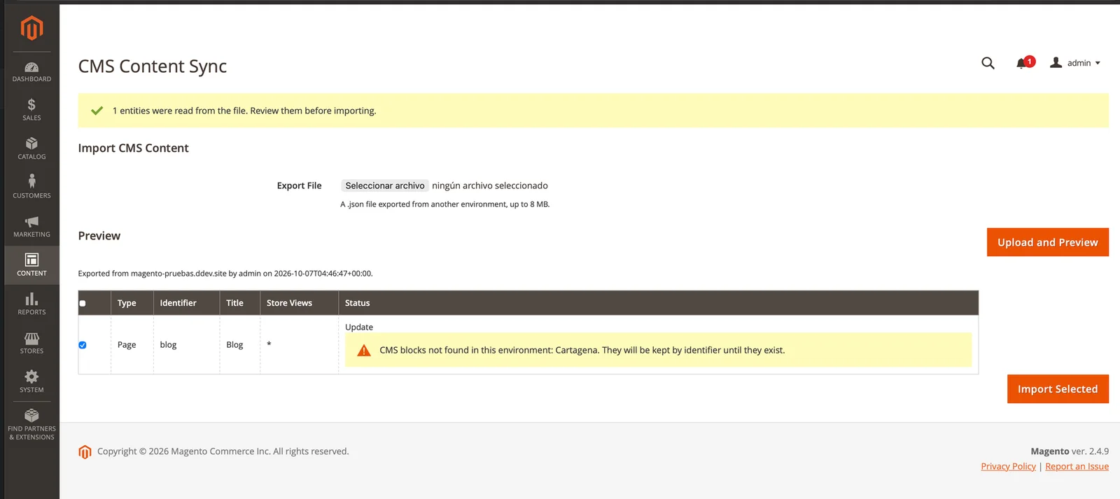 Importar una página CMS en Magento 2 cuando el bloque que usa no existe en el entorno destino